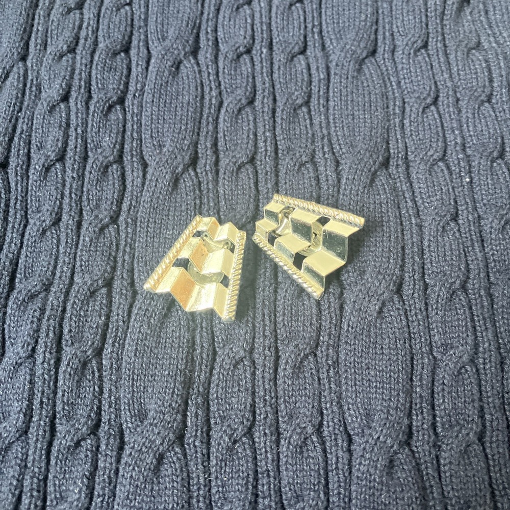 Vintage Silver tone Pyramid Triangle Modern Clip On Earrings Zig Zag 1"